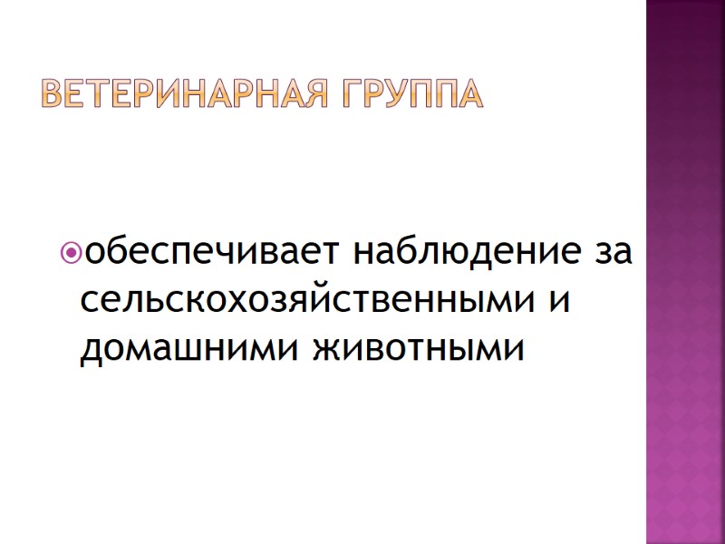 Ветеринарная группа обеспечивает наблюдение за сельскохозяйственными и домашними животными